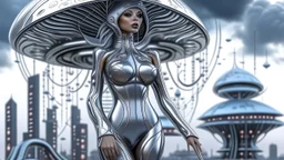 A slim young woman in a silver catsuit with circuitry, standing in a futuristic alien city holding an umbrella shaped like a mushroom with tentacles