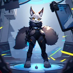 a fox fursona, darker colors, master quality, backlighting, soft lights, full body portrait, in frame, 8k, furry, fur, dark color pallet, robotic arm, cyberpunk, anthropomorphic, perfectly drawn face, well drawn paws