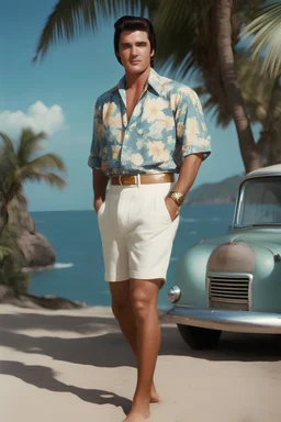 Elvis Presley/George Reeves with medium length bob-styled brown hair, a mustache, wearing a Hawaiian shirt and Bermuda shorts- well-lit, UHD, 1080p, professional quality, 35mm photograph by Scott Kendall