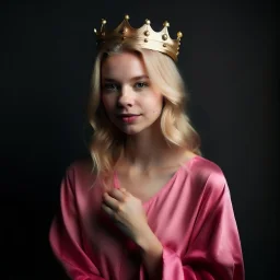 A beautiful woman with beautiful blond hair, wearing a modest velvet pajama, her hands are pink, and a crown is on her head.