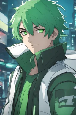 Young man with light green hair, vivid green eyes, smug, green and white futuristic clothes, white headband, sai, urban background, RWBY animation style