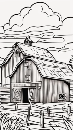 coloring page, old barn, cartoon style, thick lines, low detail, no shading