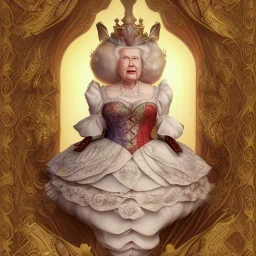 "Queen of Hearts"fat old woman book character of "Alice in the wonderland".Detailed face,Queen of Hearts, detailed eyes, Realistic lighting,elegant dress disney style,sarcastic smile. baroque, intricate patterns, fractalism.style by Disney,Chie Yoshii,earnst haeckel,james jean.