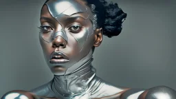 Haitian Woman with a broken nose wearing a silver latex bodysuit