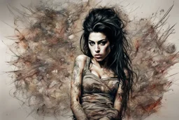 amy winehouse Stunning art masterpiece Basic style of horror, Overhead, hyper detailed, multi-layered illustration, in a highly detailed elegant unbuttoned dress, dynamic seductive pose, accentuating perfect anatomy, impressive concept by Carne Griffiths and Wadim Kashin, dynamic, highly detailed, symmetry, airbrush graffiti technique, high definition illustrations, soft and sharp focus, accent lighting, bold paint colors, symmetry, painted, intricate, volumetric lighting, beautiful masterpiece