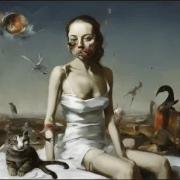 UN conference.a cat and human flesh-like surgical instruments and universe-like a pigeon and neuralink, surrealism,minimalism,Painting By Adrian Ghenie, Rene Magritte, Salvador Dali, Lucian Freud