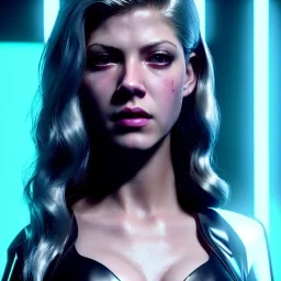 Actress, young Katheryn Winnick, android woman, blade runner style, little dron fly, neon ambient, gradient, clean skin, circuits, leather coat, cyber punk, neon, army, tubes, blood, portrait, studio photo, unreal engine 5, smooth color, 16 bit, god lights, ray tracing, RTX, lumen lighting, ultra deatail, volumetric lighting, 3d, finely drawn, hd.