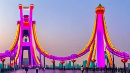 A Tesla semi-truck is racing at top speed, across 'Lotte World', in Seoul (South Korea). CINEMATIC. WIDE ANGLE LENS.