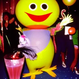 1980s photo of new year's party alien with dancing happy bird