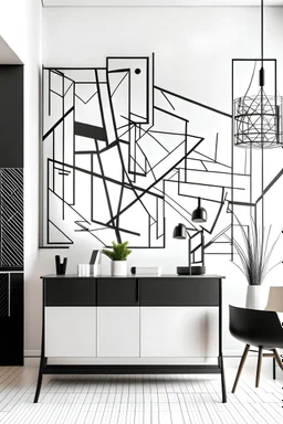 Create handpainted wall mural with overlapping lines and shapes in black and white, exploring the abstract intersections inspired by Suprematism. Emphasize contrast and balance
