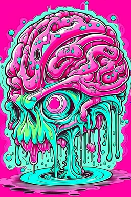 Vintage illustration of a slimy pink brain melting, cartoonist animation style, hand drawn, pastel color palette, gross art, pop punk, 90s anime inspired, airbrushing, post modern, horror cut, gradient chrome abberations, retro weird drawings, alien brain matter, blood spatter , scifi punk