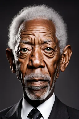 Morgan Freeman with a tiny head and huge eyes and pointy ears