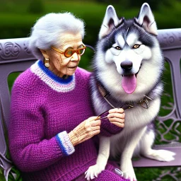 An elderly woman is knitting on a park bench, accompanied by her furry companion - a calm husky dog ​​resting next to her. In the background is the Eiffel Tower. The woman's lively personality shines through her whimsical outfit - a light blue sweater, striped tights and large round glasses perched on her nose. Her spiky red hair adds a touch of glamor to the scene. The sweet dog, with a shaggy yellow coat, lies peacefully with his head resting on the knitted fabric, providing a faithful compani