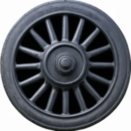 isolated image of a cast iron spoked steel wheel(black) from a steam train. vignette of just the wheel, photorealistic