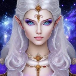 cosmic mage, elf, female, battle mage, epic, cosmic magic, long ears, white hair, face details, pale skin, jewellery, broad shoulders, sharp ears, cosmic clothes, cosmic eyes, ears shown, light out of eyes, the cosmos in eyes, stars in eyes, shining eyes, non human face, thin face, animation, detailed ears, magical eyes, non realistic, closed mouth