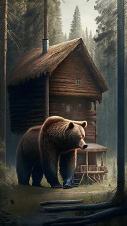 A cabin in the woods, a big brown bear, a movie scene, a more accurate picture