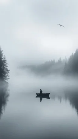 A mysterious man in black standing by the foggy lake black vein, human veins, mixing together a lot of them, like a forest, big and small veins a lot of them. A mist, show a small boat in a man in dark is coming in dark foggy distance