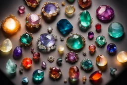 top view of lot of coloured gemstone jewellery in candlelight