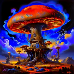 A fantabulous black, blue and orange (((mushroom tower house))) erected atop a (geologic pillar), surrounded by the uncanny imaginative ((( swirling skies))), offset by the stark hues of a (neon-tinged nebulous space scape), within. captured by the hand a skilled master painter with a focus on (softly blurred compositions and voluminous lighting).