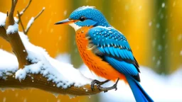 A kingfisher bird with vibrant blue and orange plumage perched on a snow-covered branch against a orange background