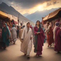 Hyper Realistic Photographic-Low-view of some-Pashto-Young-Women happily walking in a Traditional-Pakistani-Market-with-lots-of-people-with-cloths-hanging & beautiful-Mountains-&-cloudy-sunset-behind with dramatic & cinematic ambiance