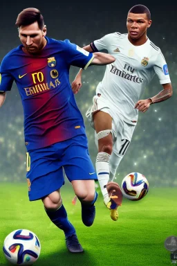 Lionel Messi chasing Mbappe holding worldcup , 8k resolution, realistic, intricate, 8k resolution, high-quality, fine-detail, digital art, detailed matte, volumetric lighting, dynamic lighting, photorealistic