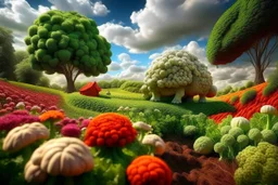 lifelike photography, vegetable and fruit landscape, broccoli forest, chive field, cauliflower sheep, orange sun, whipped milk clouds, raspberry flowers, cheese barn and haystack in sunshine, surrealistic