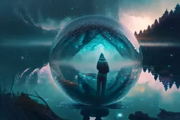 Person seeing a Magic sphere in the misty lagoon, that reflects galaxy