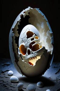 a haunting image of an embryonic human skeleton emerging from a cracked egg