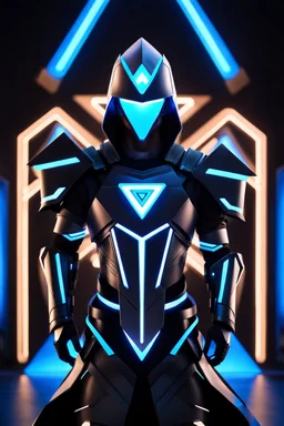 neon blue, floating triangle of light on the back, cyber armor, geometric patterns on armor, male, orbiting triangle