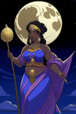 an anime drawing of an 40 year old black woman. she had dark hair in box-braids and a royal headdress. she is wearing a purple moon-themed african zulu gown. she is plus sized. she has a royal scepter.