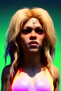 portrait, Shakira, blonde artist, angry, Realistic image, latex style dress. Skewers, loose long hair, eyes make up, perfect, glow, circle iris. Neon colors, leds, geometric shapes. Dark background, photo studio, neon lights. Cyberpunk, concept art, smooth, unreal engine 5, god lights, ray tracing, RTX, lumen lighting, ultra detail, volumetric lighting, 3d, finely drawn, high definition, 4k.