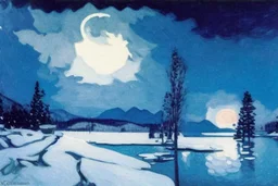 Night, Moon, distant mountains, pine trees, lagoon, lagoon reflections, winter, ice, snowy land, gustave caillebotte impressionism painting