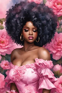 Create an watercolor image of a curvy black female wearing a pink off the shoulder blouse and she is looking down with Prominent makeup. Highly detailed tightly curly black afro. Background of large pink and black flowers surrounding her