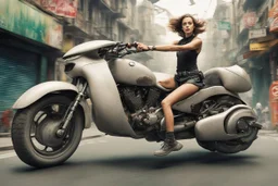 young woman astride a large motorbike, with no wheels, floating on an alien street