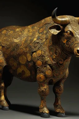 A brownish bronze lava elemental bull painted by Gustav Klimt