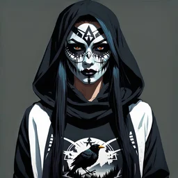 alluring Navajo goth female assassin, bold crow facepaint, sweatshirt, anime style