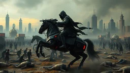 cyberpunk interpretation of Bruegel's "The Triumph of Death", capturing the symbolic "harvest" of humanity. this is terror. A dystopian metropolis under smog sky, where cybernetic soliders reapers are executing physical harvest and many of humans citizens killed army of cyberwarrior androids and robots, panicking running people, many bodies lying on the ground. a cyber-death warrior in black hood with futuristic gun on a robot horse, thriller, detailed, cinematic