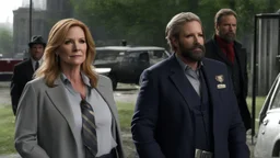 two detectives (Amanda Rollins and a beardy grey and redhead 50 yo man) from Law & Order: Special Victims Unit on a crime scene