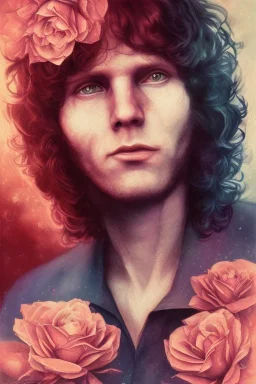 Jim Morrison and Pamela Courson ,music, NSFW, watermark, bohemian style , blurry,beautiful faces,elegant,roses, art by anna dittman