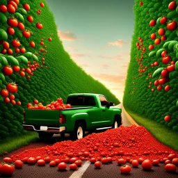 Create a picture of crates of tomatoes falling from a green pickup truck driving down a country road, the tomatoes are scattered on the road and on the sides of the road and create a spectacular red carpet of tomatoes, tomato paste and a splatter of tomatoes