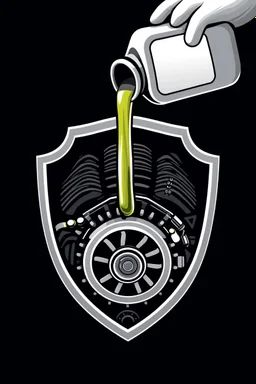 inside a parks shield shape, front of a car engine icon with fan and belts, with a 1litre oil bottle above pouring oil into oil hole of the engine, vector illustration