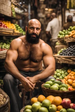 half figure photography of a burly beefy muscular strong 39-year-old arab in Istanbul bazaar, ajar mouth, shirtless, short beard, bald, selling fruits sitting on an old chair, biig shoulders, bulge, manly chest, very hairy, side light, view from the ground