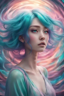 A stunning Anime girl suspended in a kaleidoscope of colors, captured in a photorealistic, cinematic photograph, as if plucked from a dream sequence. Her vibrant turquoise hair flows like a river, contrasting with the muted, earthy tones of her skin, set against a gradient of iridescent pinks and purples, evoking a sense of ethereal mysticism. Soft, cinematic film grain textures the image, infusing it with a sense of nostalgic warmth, as if lit by the flickering lights of a vintage cinema.