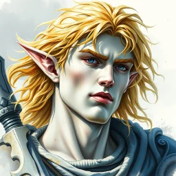 fantasy, dramatic portrait, marble statue of an elf male, watercolour, golden hair, warrior, mighty, righteous