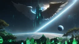 matrix universe, space, planets, god creation, angels from other dimensions with beautiful wings, trees on the planet, behind green crystals of light, command conquer tiberium monolith deposits on the planet near tree,