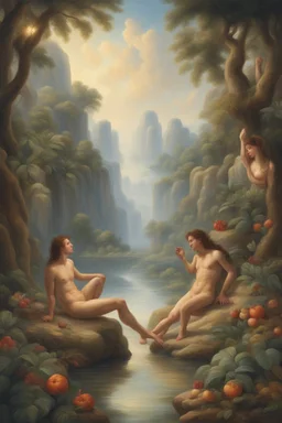 Adam and Eve in a very beautiful paradise, in the style of oil painting