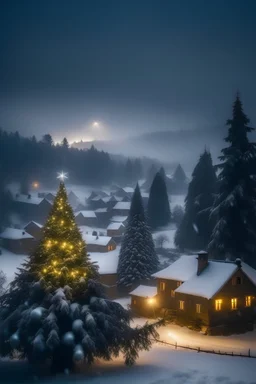 Dolná Seč village with christmas tree in snowing weather