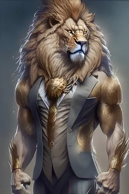 Generate a visually striking and highly detailed image of a powerful and muscular lion wearing a traditional Japanese suit. The lion should have the body of a well-built human, but with the head of a fierce and aggressive lion. The image should convey strength, elegance, and a fusion of human and animal characteristics. Please ensure the following specifications are met: Quality: Produce a super high-quality image with exceptional details, capturing the intricacies of the lion's physique