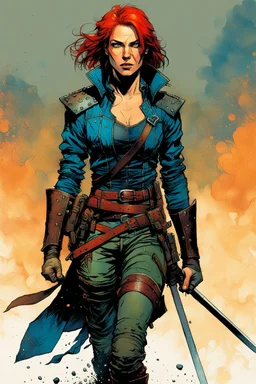 create an imaginative full body print illustration of an ethereal, otherworldly , female grandmaster Witcher with short cropped auburn hair in a tattered battle worn leather brigandine and boots , in the comic book art style of Bill Sienkiewicz, Mike Mignola, and Jean Giraud Moebius, with highly detailed feminine facial features , finely drawn, colored and inked,